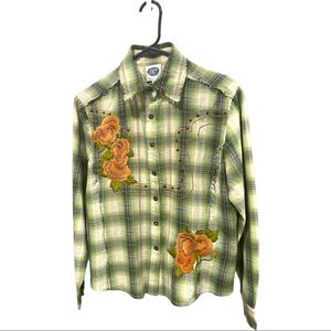 Diane Gilman DG2 Western shirt green plaid orange embroidered flowers Small